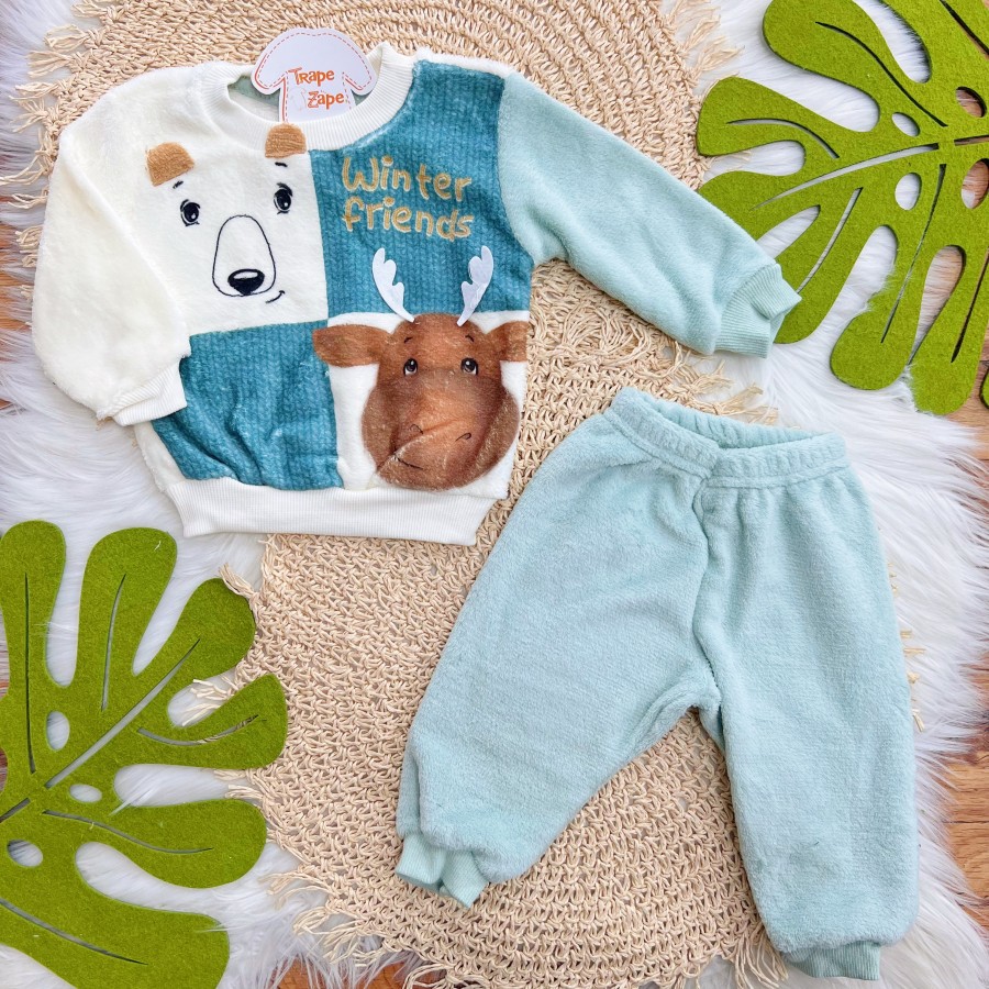 Conj. Casaco Winter Friends e Calça de Pelinho - Verde e Off White